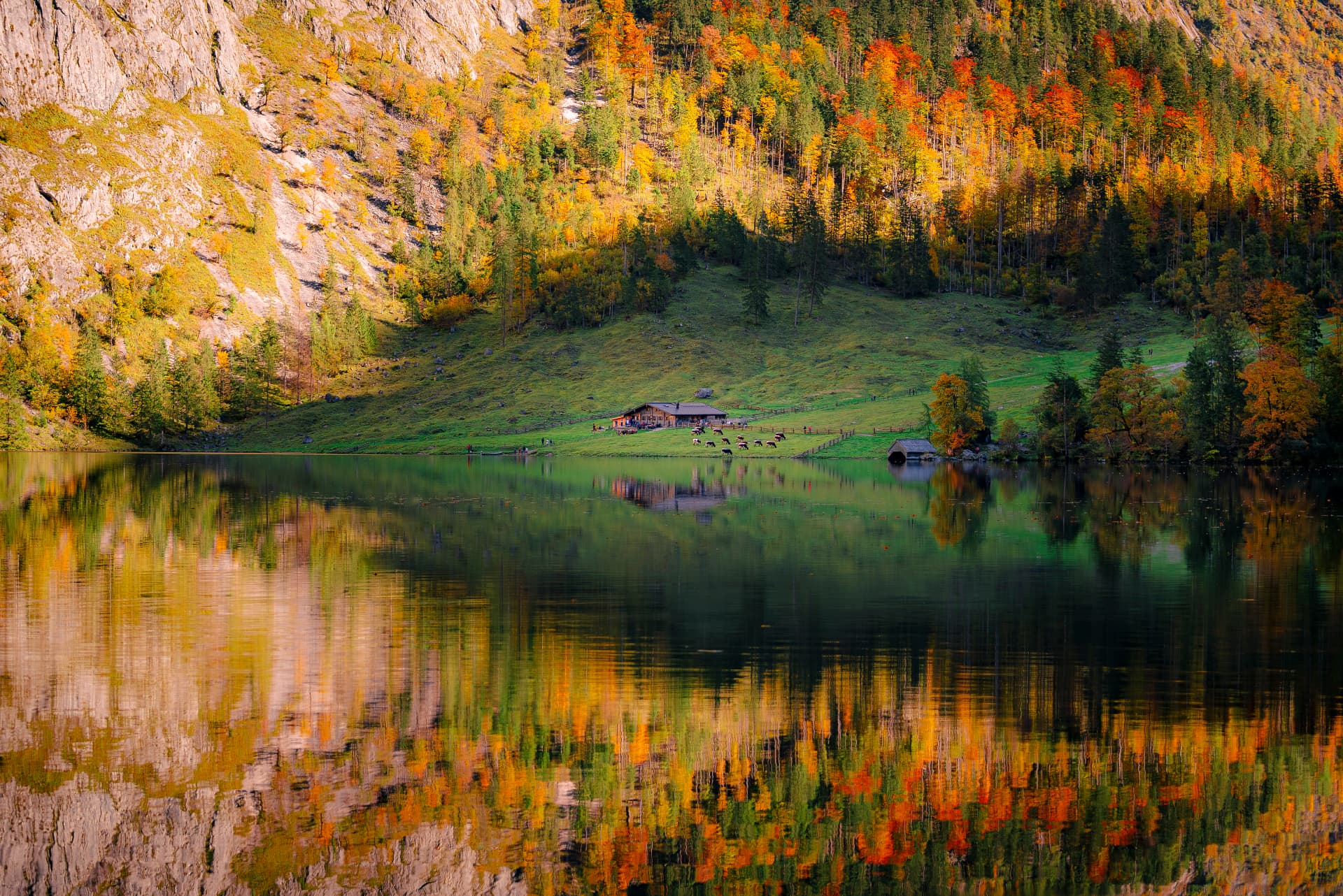 Almhütte am Obersee mit Herbstwald und Spiegelung
